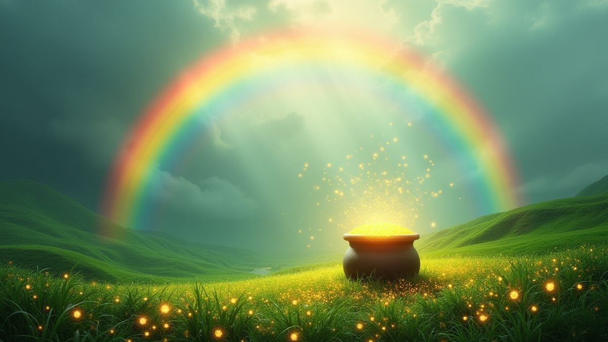 Een regenboog die leidt naar een pot goud in een groene vallei.