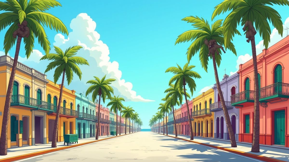 Escena callejera tropical cubana con colores vibrantes