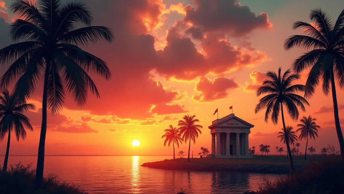 Atardecer cubano con palmeras y un banco en el fondo