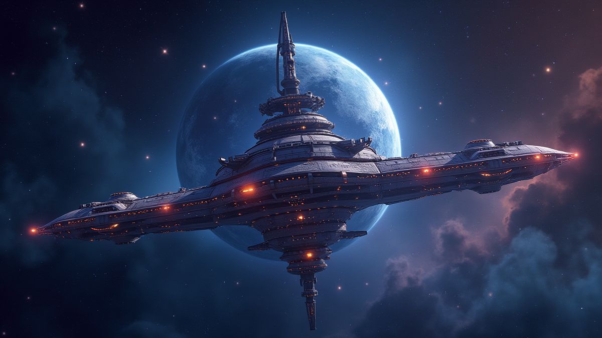 Futuristisch ruimtestation omringd door sterren en kosmische elementen.