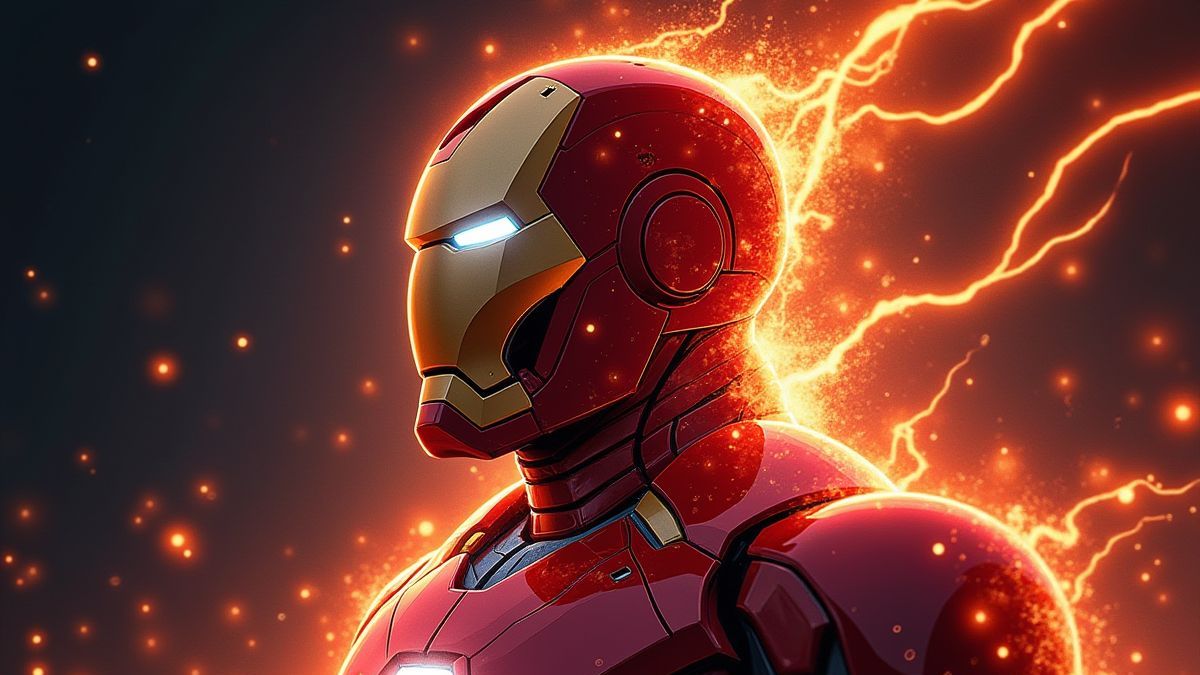 Casco de Iron Man brillando con ráfagas de energía.