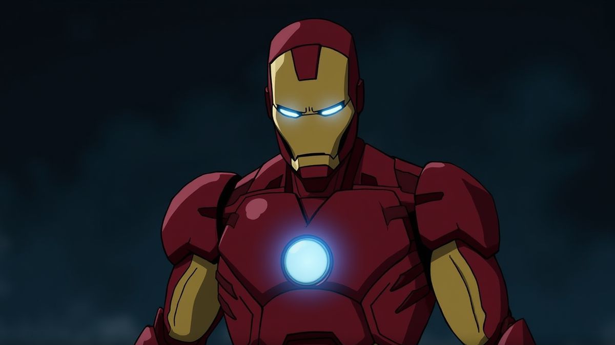 Traje de Iron Man iluminado em um fundo escuro.