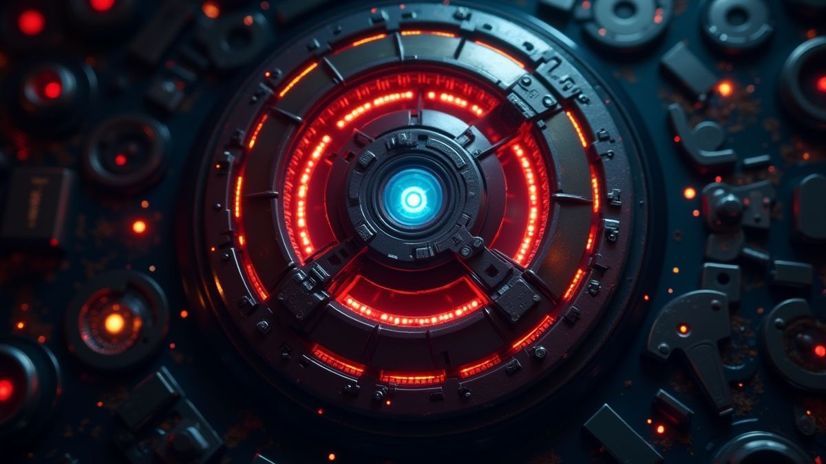 Símbolos futuristas y maquinaria brillante en el estilo de Iron Man.