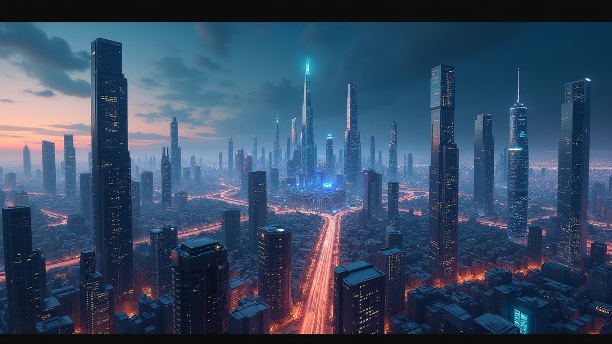 Paisaje de ciudad futurista con luces brillantes y tecnología avanzada.