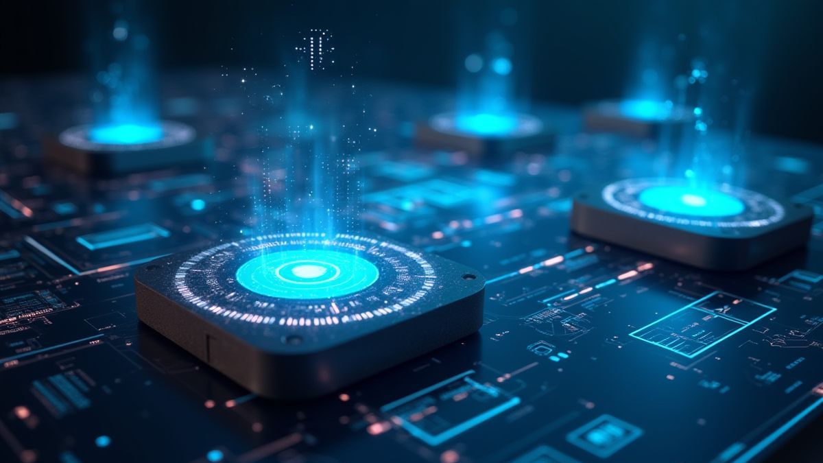 Futuristic technology with holographic displays and bright lights.