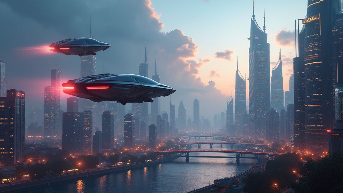 Futuristic landscape with flying cars and illuminated buildings.