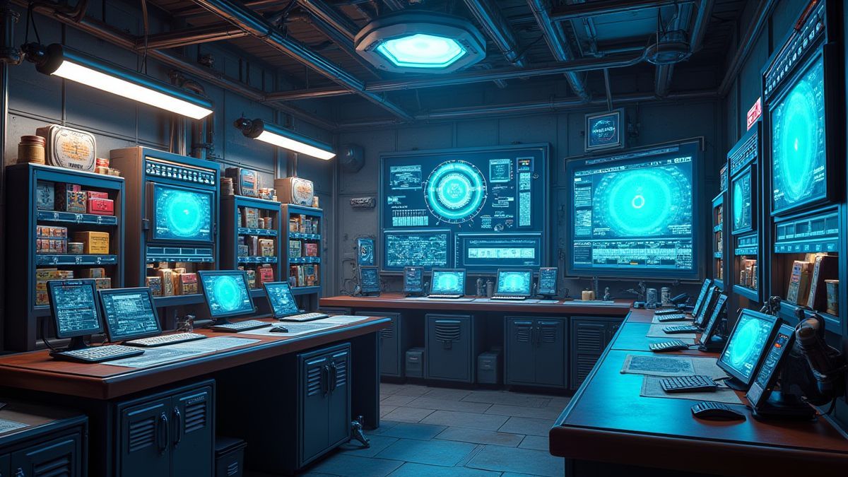 Laboratorio tecnológico de Iron Man lleno de gadgets futuristas.