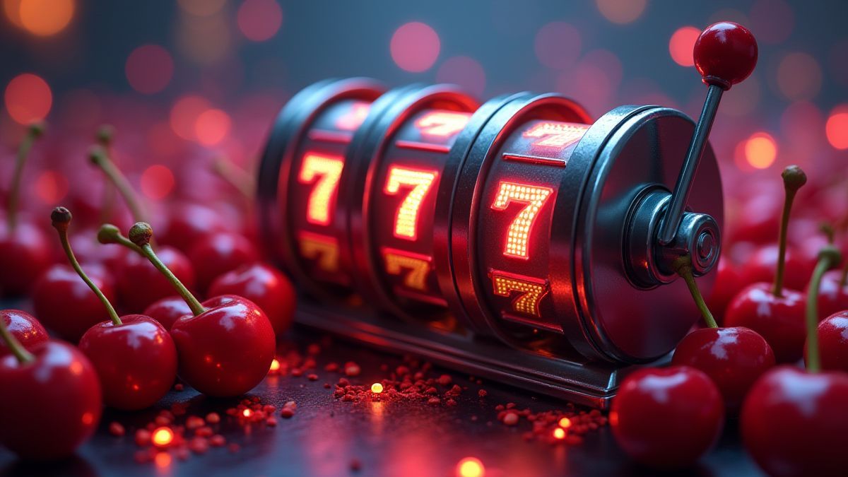 Metallische Spielautomaten umgeben von leuchtenden Kirschen und Bars in einer futuristischen Casino-Umgebung.