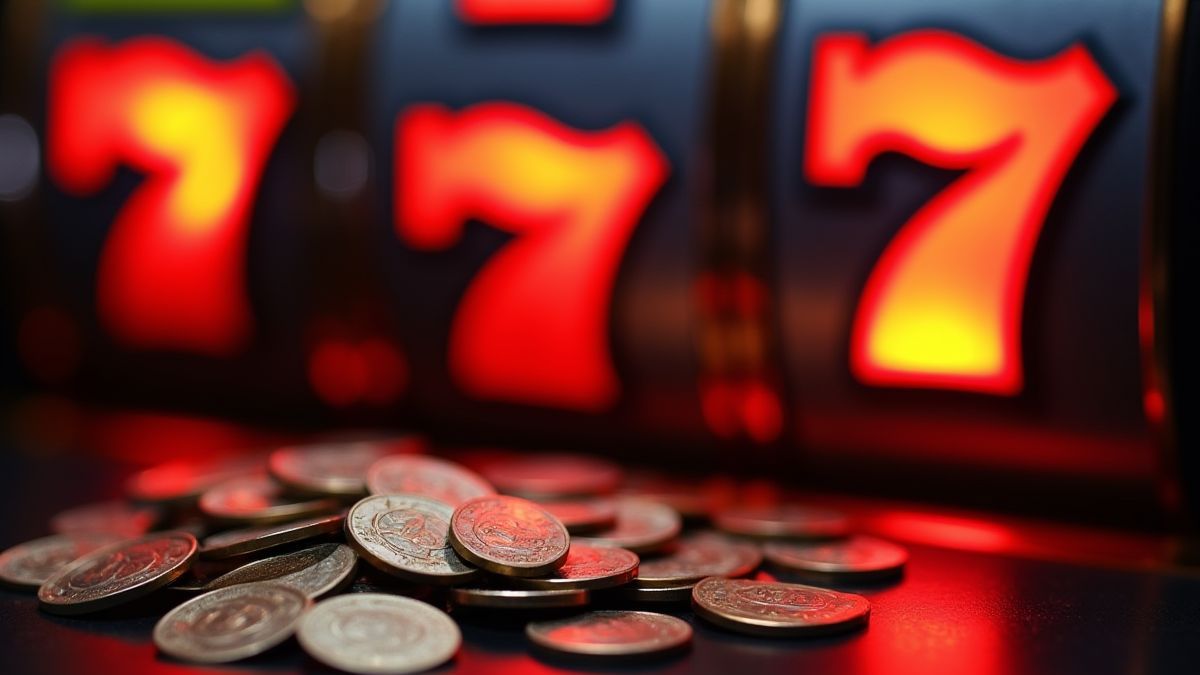 Münzen, die aus einem Spielautomaten mit leuchtenden Sieben-Symbolen im Hintergrund herausströmen.