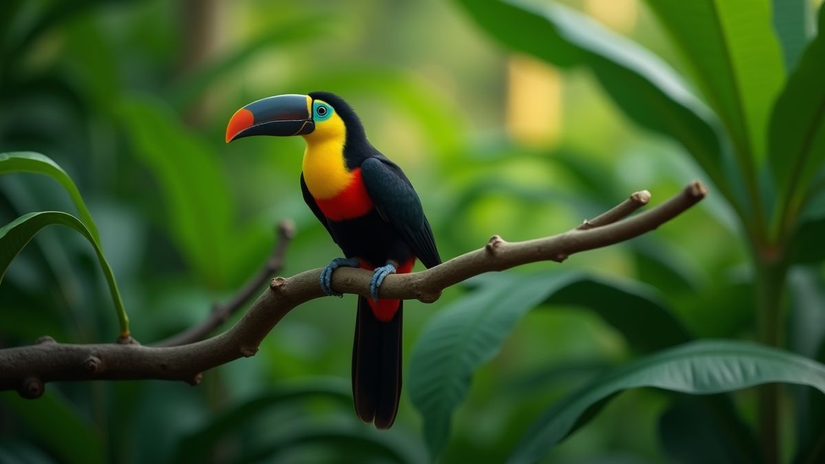 A tropical toucan perched on a branch surrounded by lush vegetation.