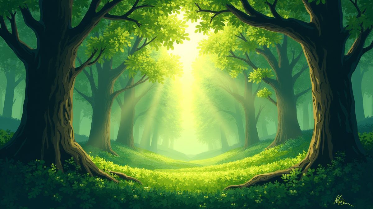 Ein irischer Wald mit Sonnenstrahlen, die durch die Bäume brechen.