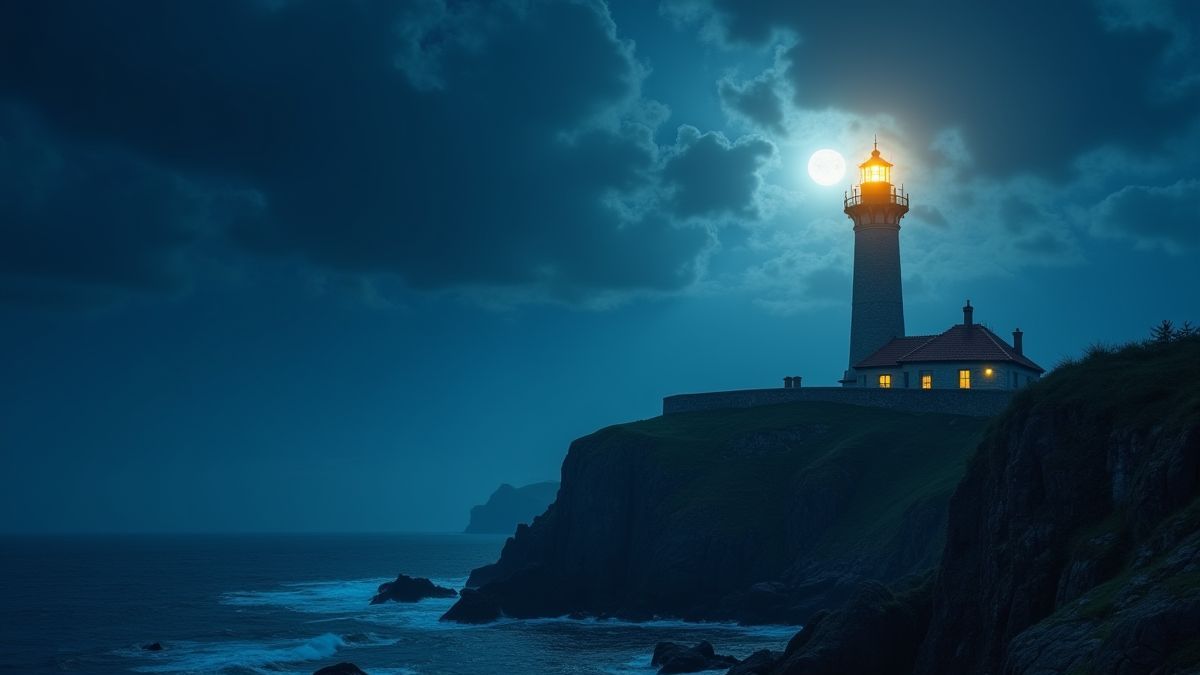 Ein magischer Leuchtturm, der im Mondlicht leuchtet, nahe einer Klippe.