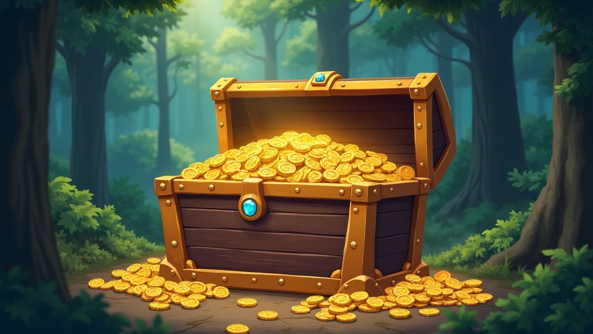 Eine Schatztruhe, die überquillt mit Goldmünzen und Juwelen in einer Lichtung im Wald.