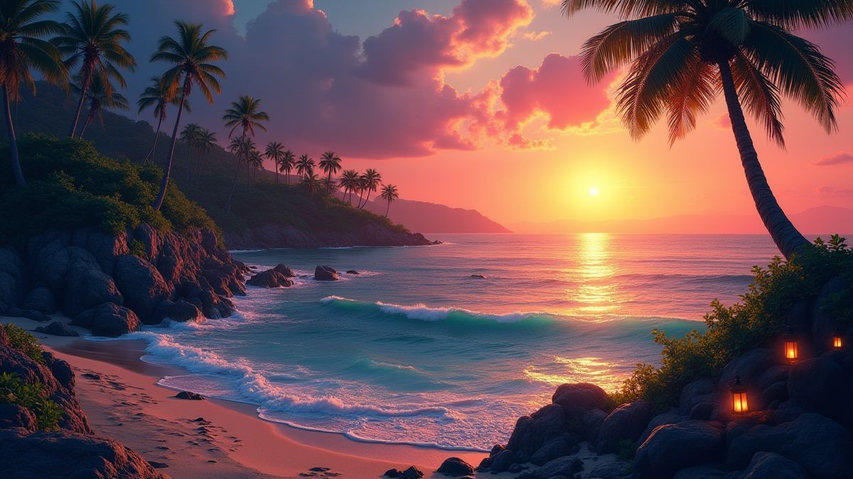 Una isla mágica con tesoros brillantes y palmeras al atardecer