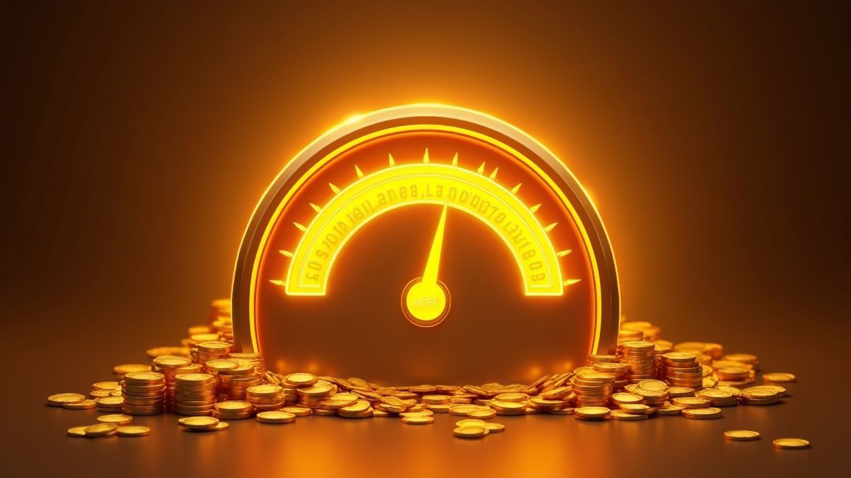 Um medidor de jackpot dourado brilhante rodeado de montões de moedas.