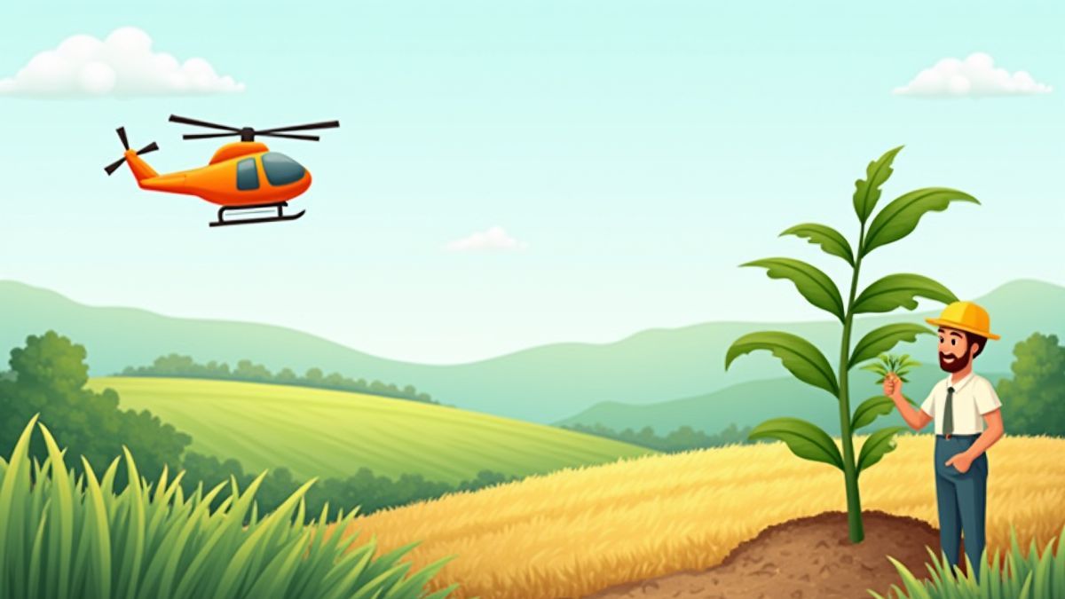 Eine Farm mit einem Hubschrauber und einer riesigen Pflanze neben dem Bauern.