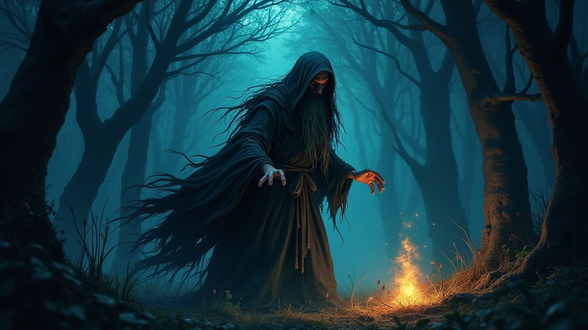 Baba Yaga en un bosque místico con elementos mágicos brillantes.