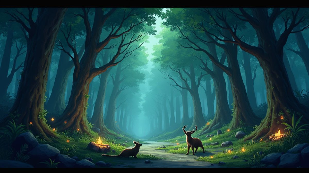 Un bosque eslavo animado con elementos brillantes y criaturas mágicas.