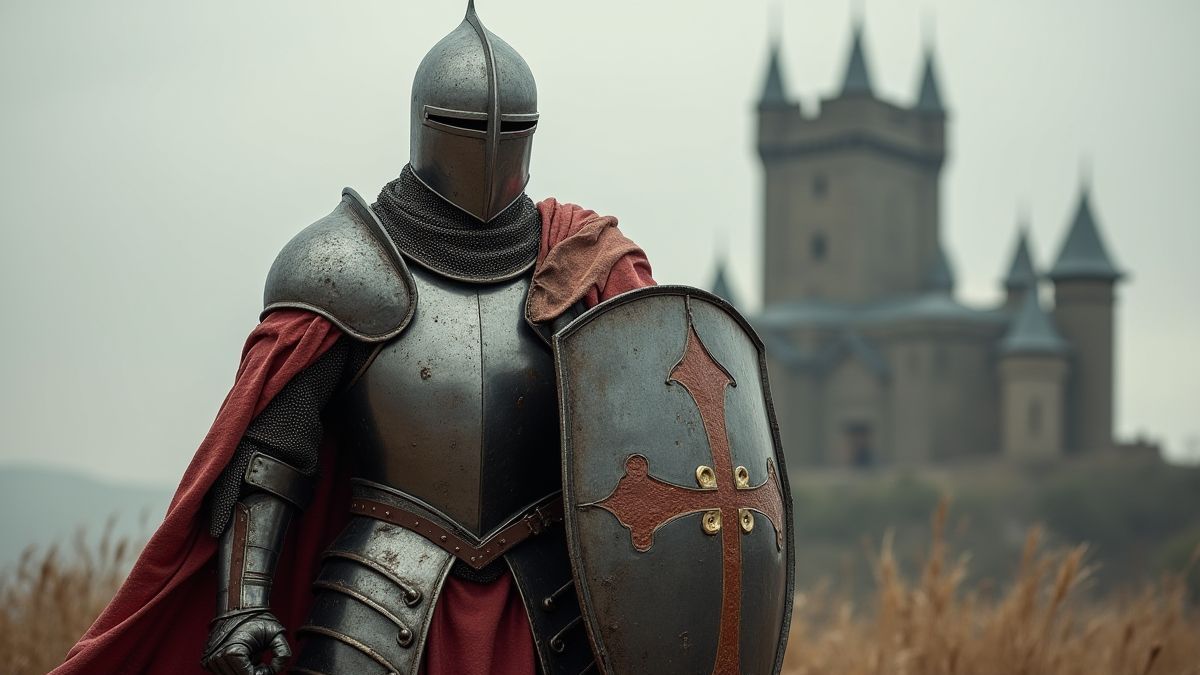 Chevalier médiéval tenant un bouclier avec un château en arrière-plan.