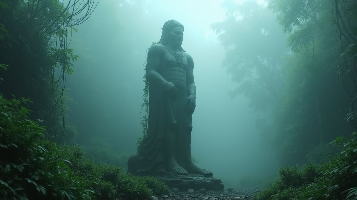 Una estatua antigua en la jungla rodeada de niebla y enredaderas.