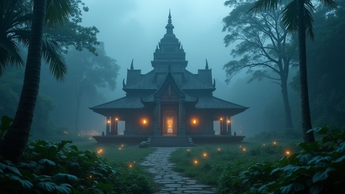 Un templo en la jungla cubierto de niebla y rodeado de luciérnagas luminosas.