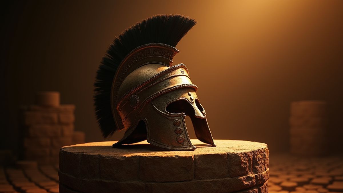 Un casco romano antiguo sobre un pedestal de piedra iluminado.