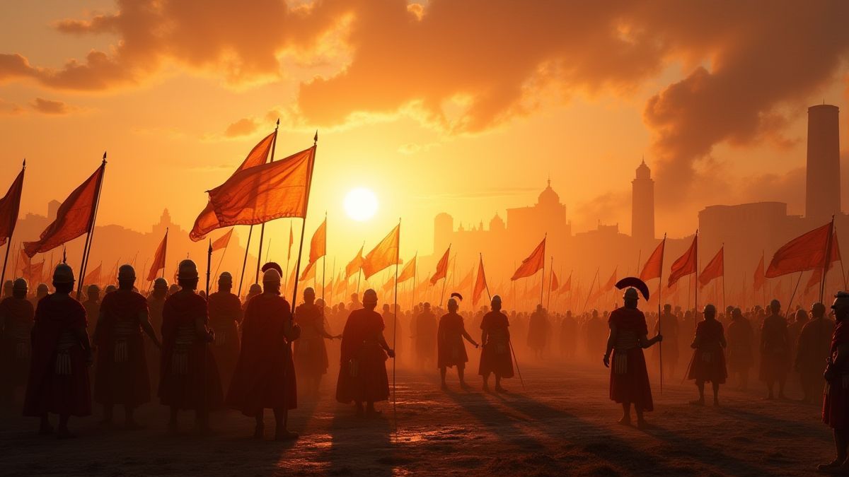 Un campo de batalla romano al atardecer con soldados y estandartes ondeando.
