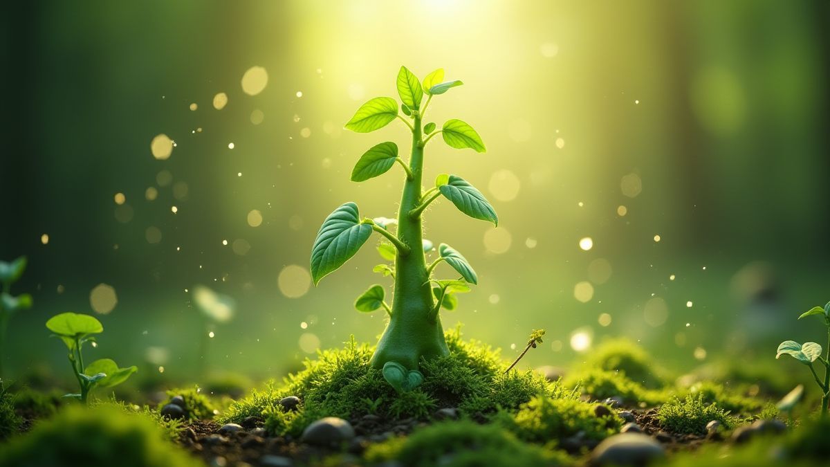 Un beanstalk mágico creciendo desde el suelo iluminado por rayos de sol.