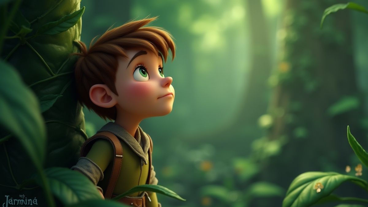 Jack mirando hacia el beanstalk con determinación.