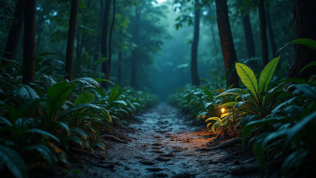 Una jungla prehistórica con plantas brillantes y huellas de dinosaurios.