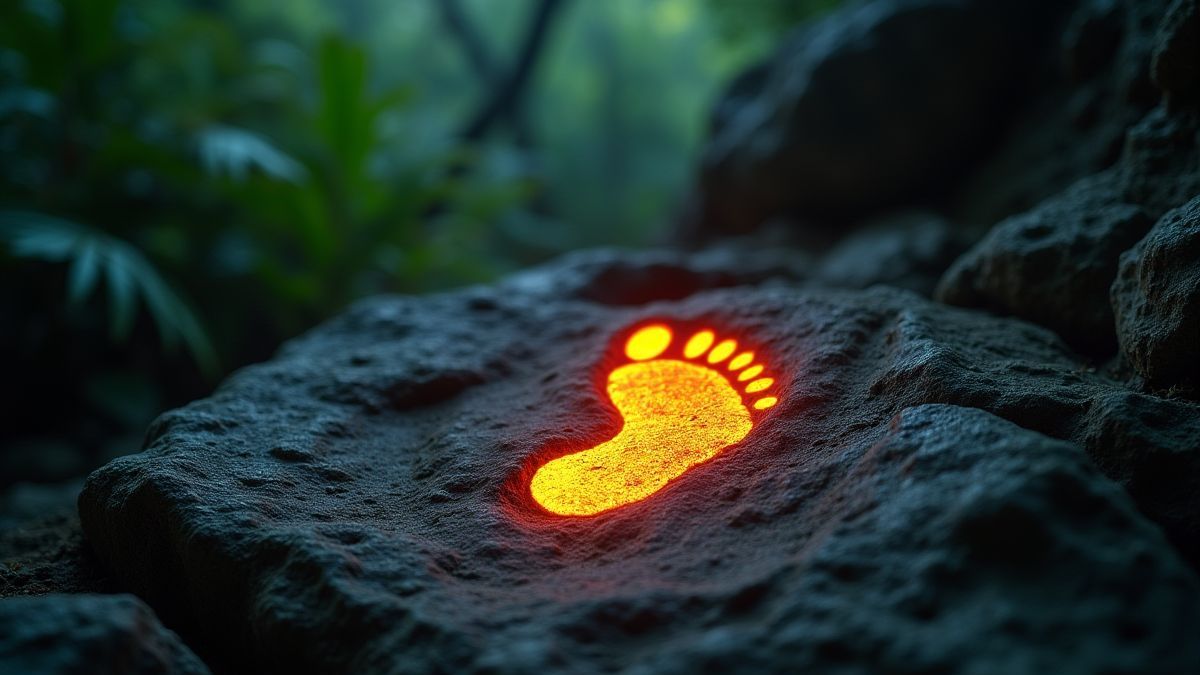 Huella de dinosaurio brillante en rocas antiguas rodeada de vegetación.