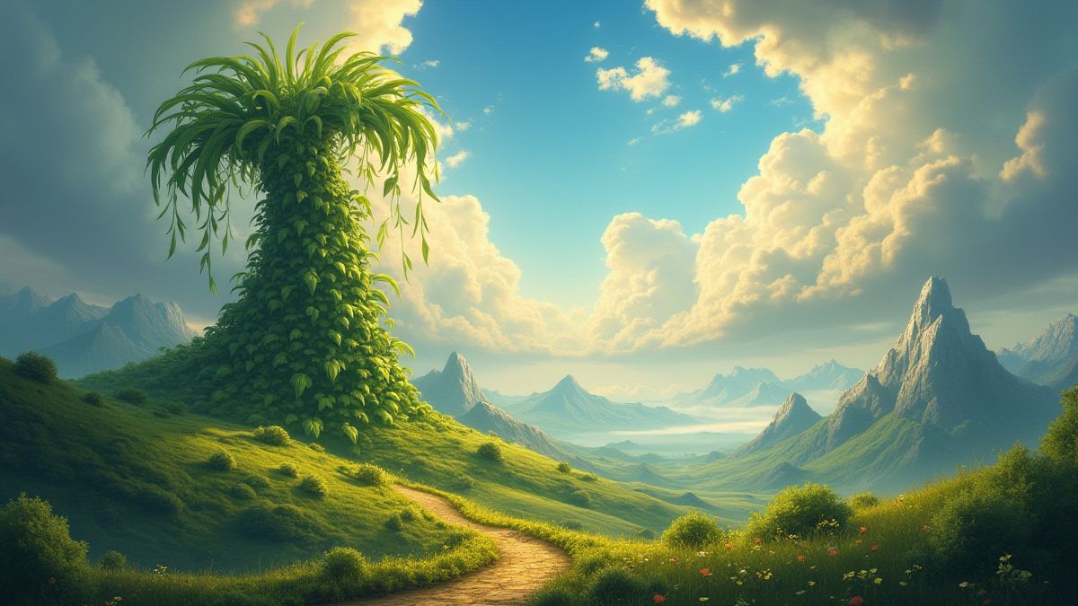 Magisch landschap met een plant die naar de wolken groeit en gouden schatten.