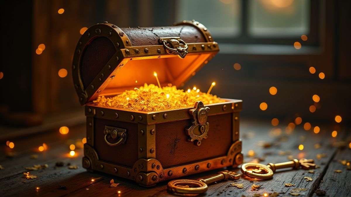 Gouden schatkist met magische sleutels in een sprookjesachtige setting.