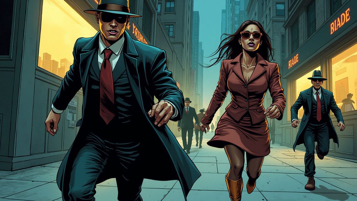 Un detective persigue a un villano en una ciudad estilo cómic.