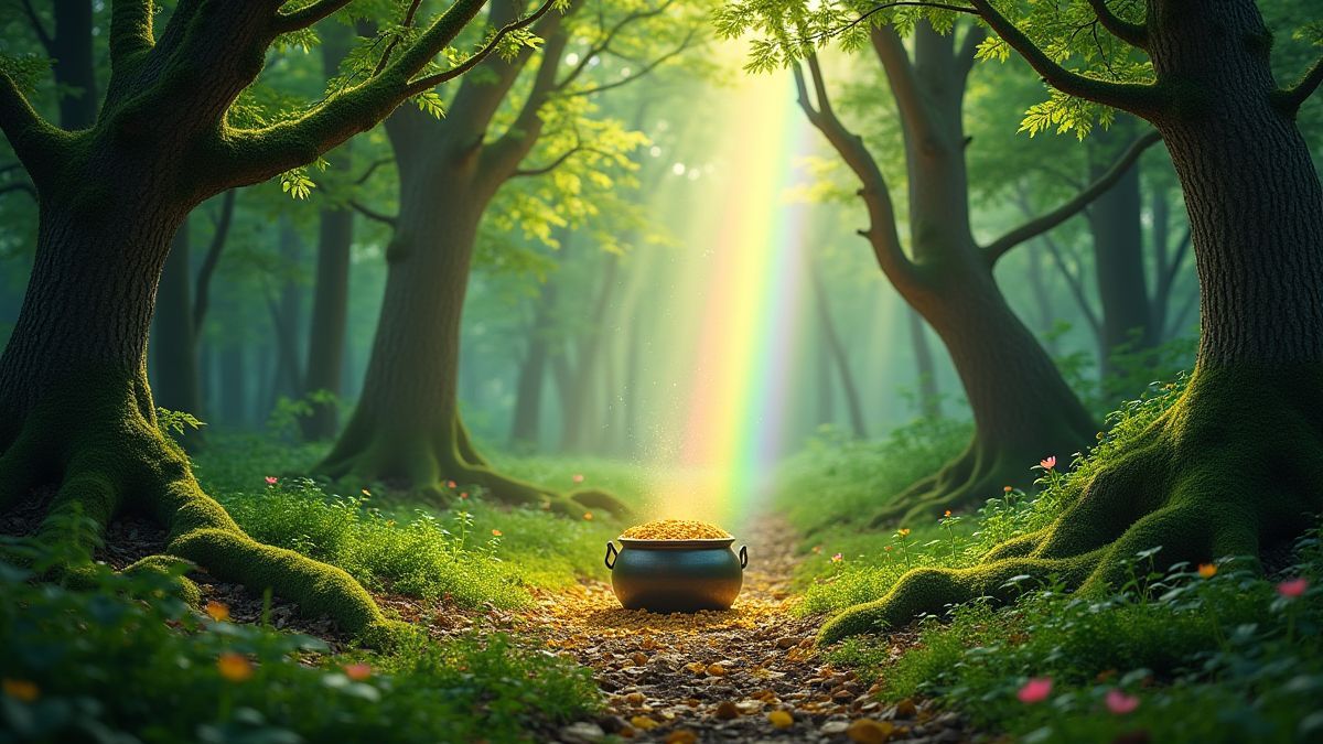 Une forêt irlandaise vibrante avec un chaudron d'or sous un arc-en-ciel.