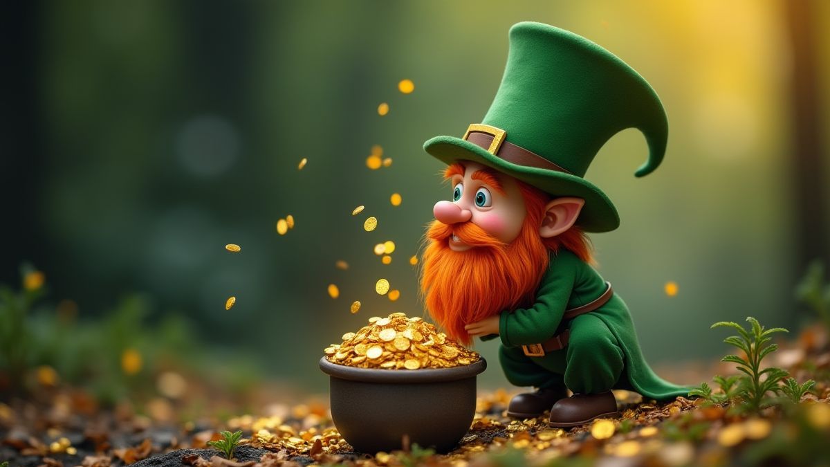 Un lutin pensif à côté d'un chaudron d'or.