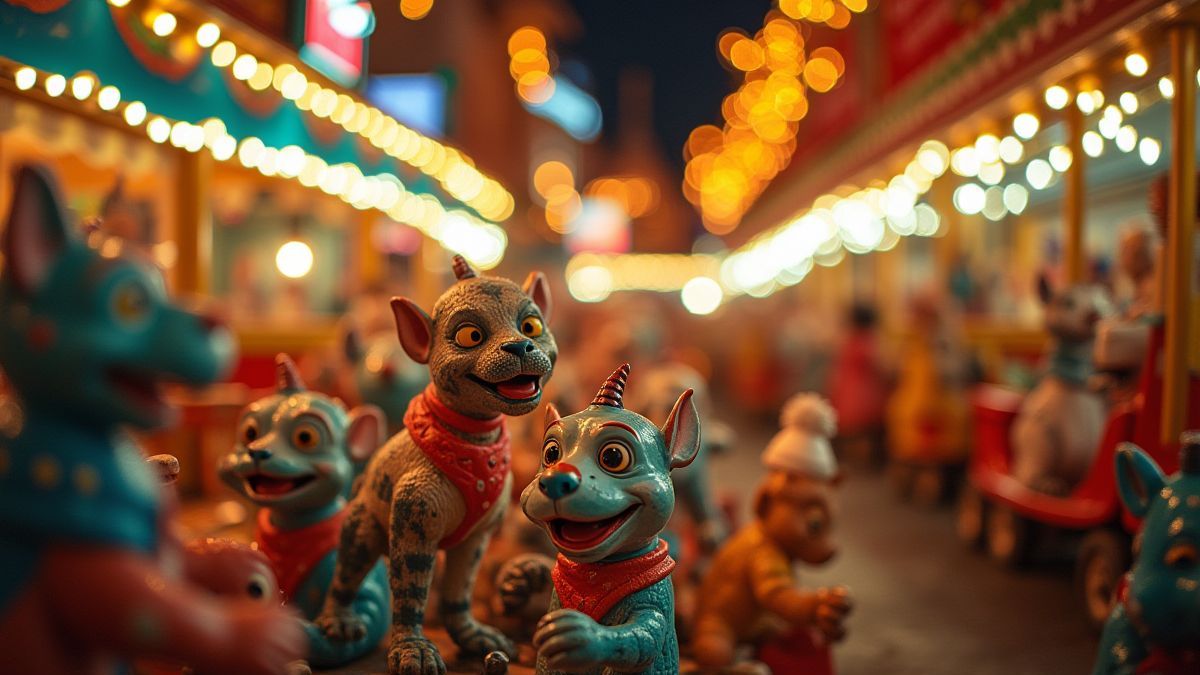 Carnival scene with vintage toys and bright lights.