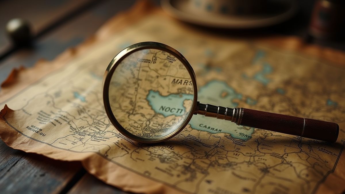 A magnifying glass inspecting a mysterious map with clues.