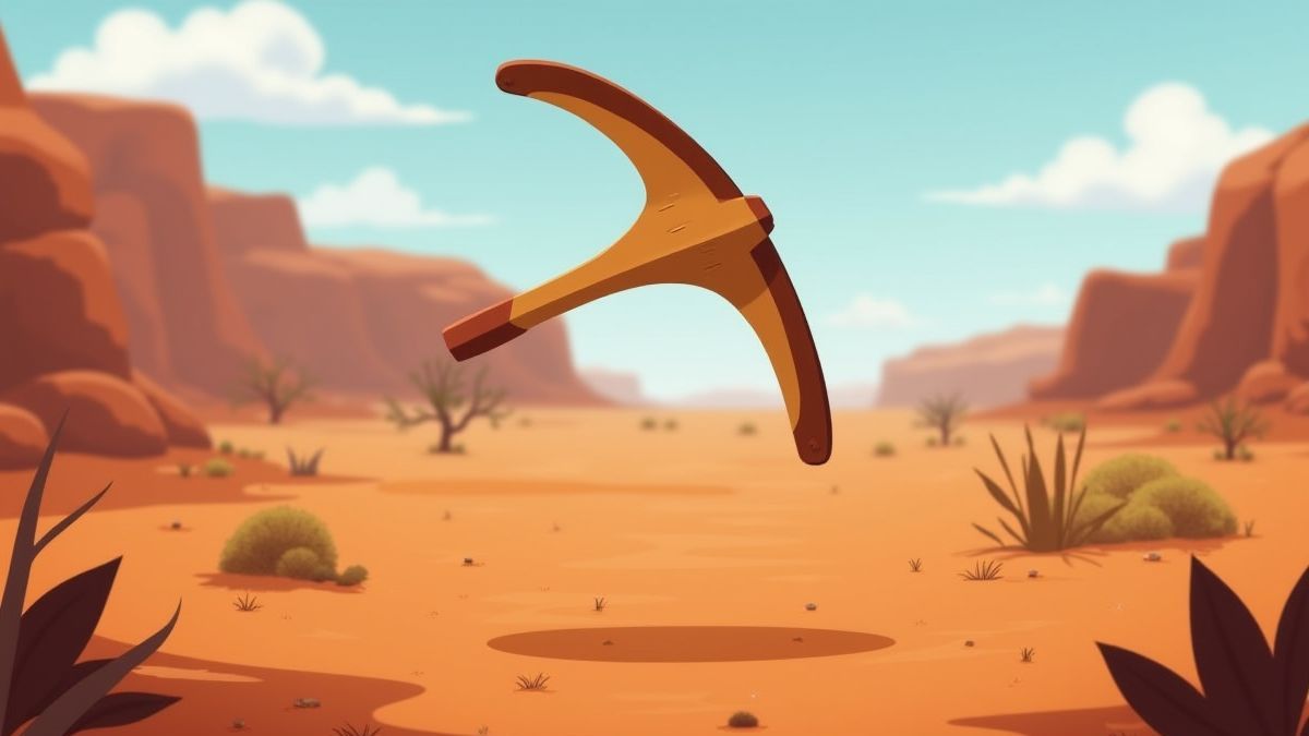 Boomerang animado voando no deserto australiano