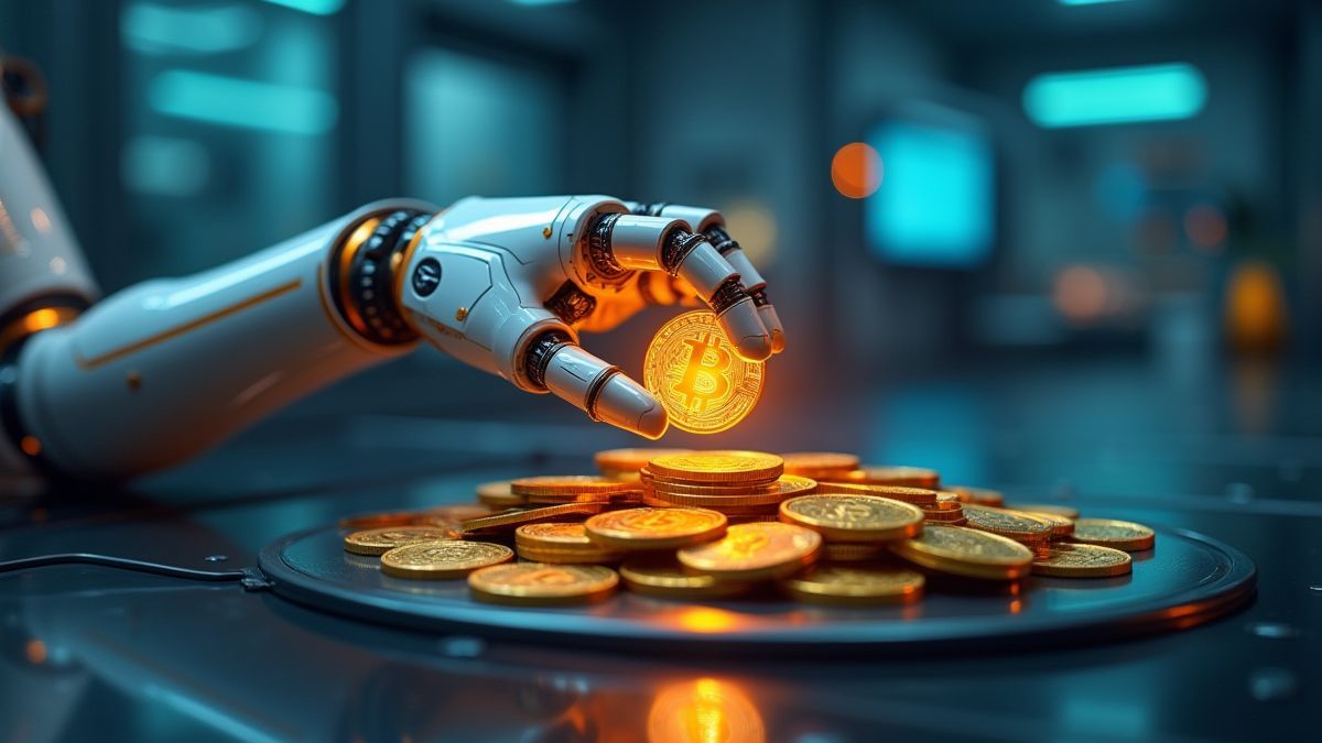 Robotic arm holding futuristic coins in a technology lab.