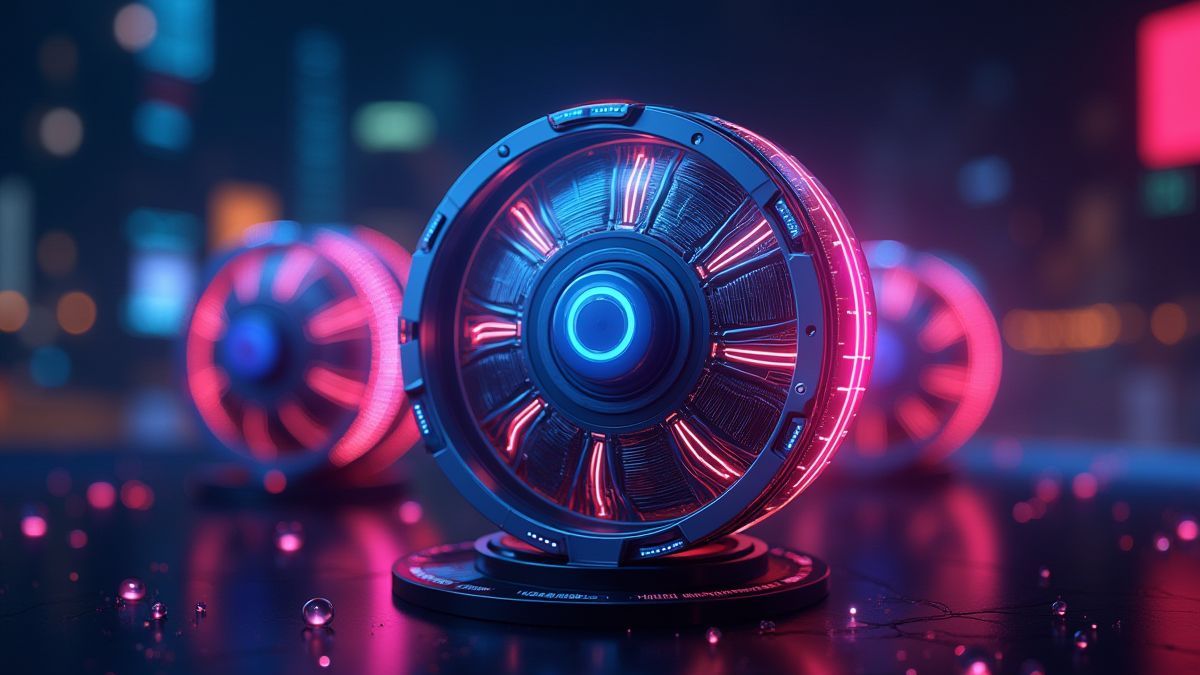 Futuristic reels spinning with neon lights and glowing symbols.