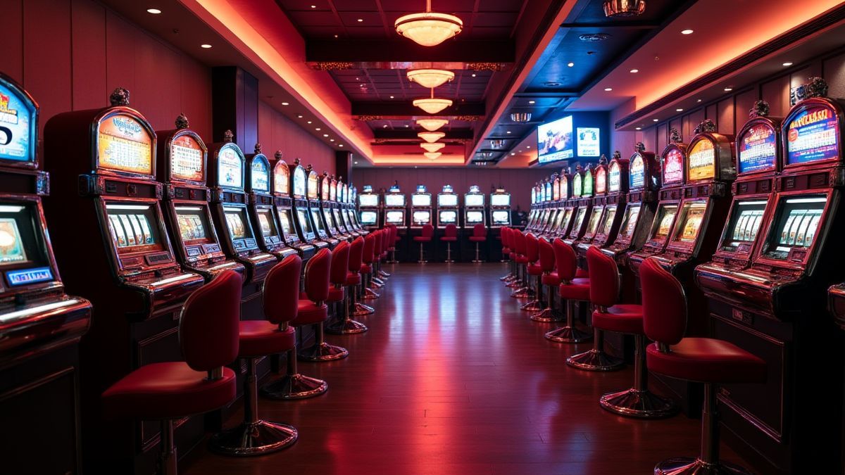 Interieur van een retro casino met klassieke gokkasten