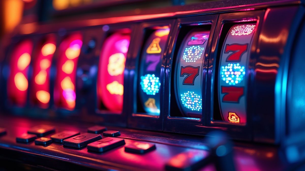 Retro gokkast met neonlichten en glanzende rollen.