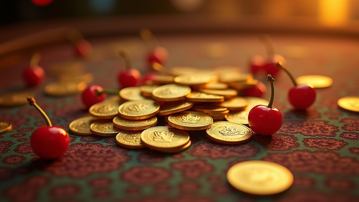 Stapeltje gouden munten en klassieke gokkast symbolen zoals kersen en bellen op een casinotafel.