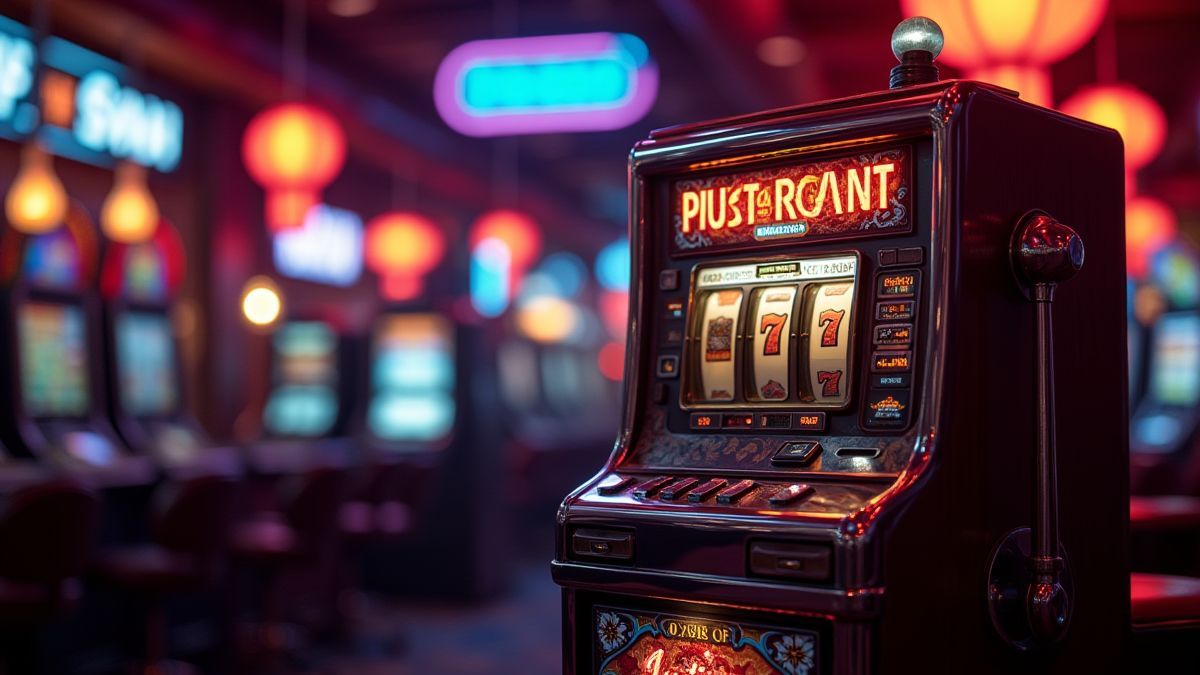 Machine de fruits rétro avec lumières néon dans un casino.