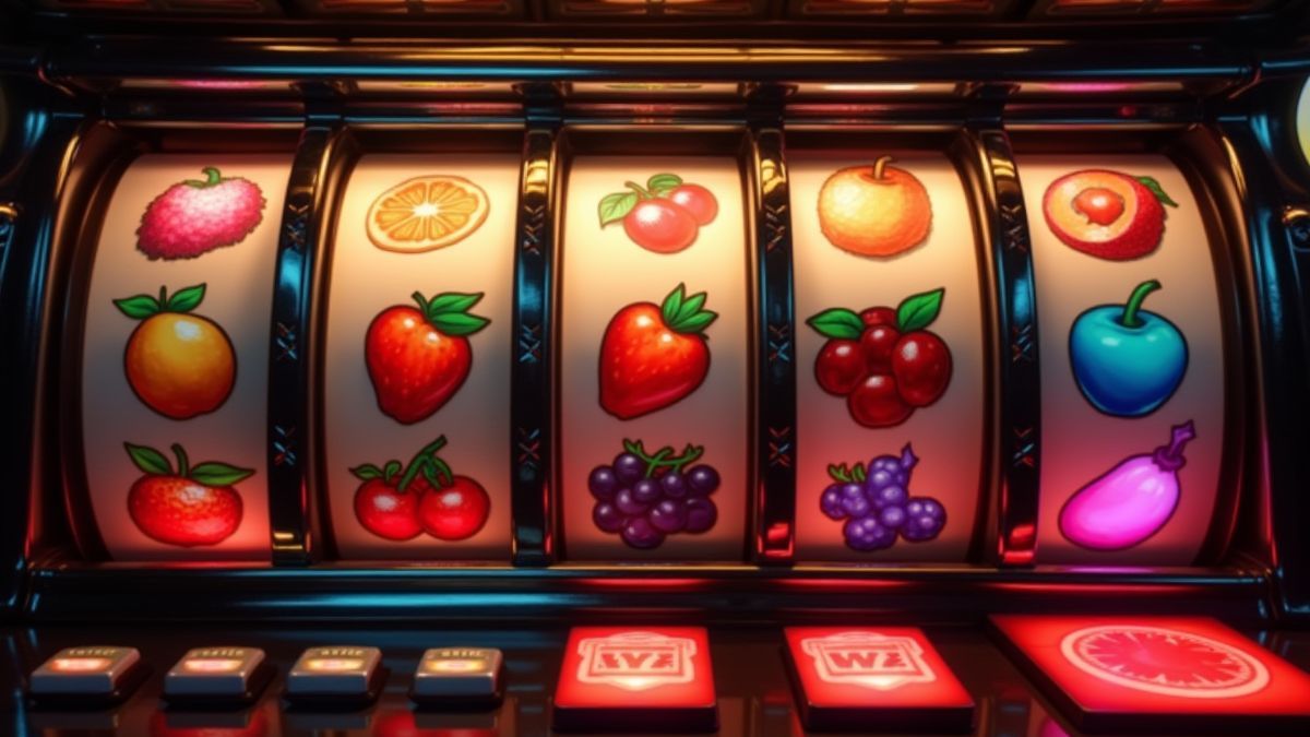 Machine de fruits illuminée avec des symboles rétro et des boutons brillants.