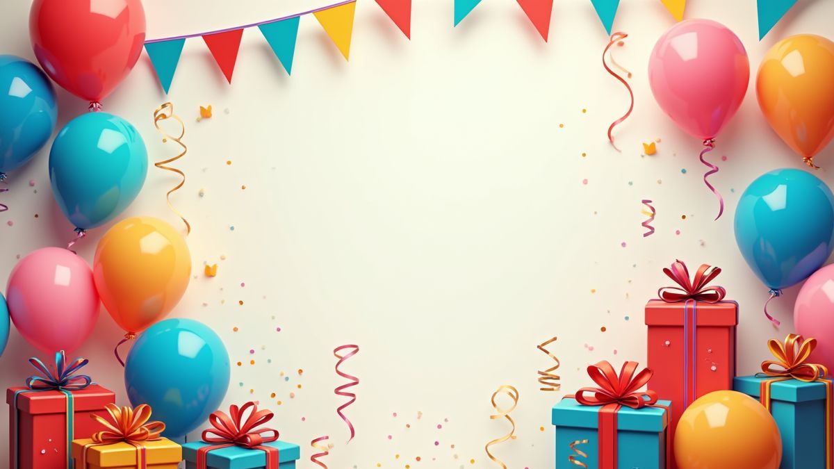 A festive scene with balloons and gifts.