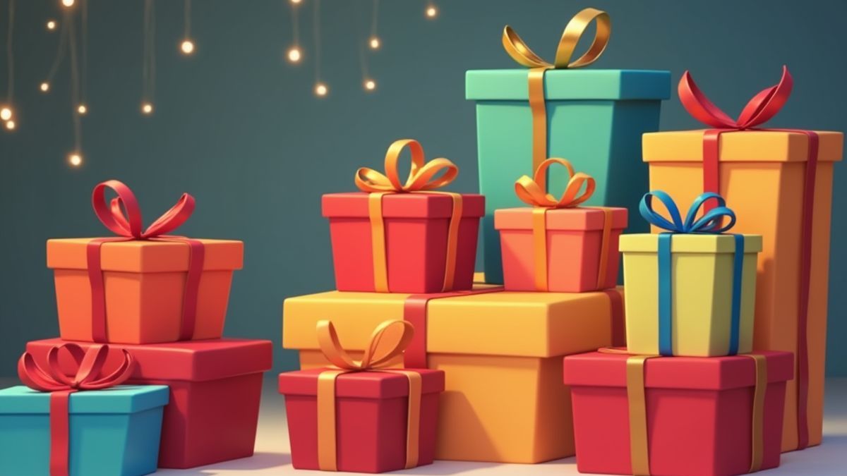 Gift boxes stacked in a festive environment.