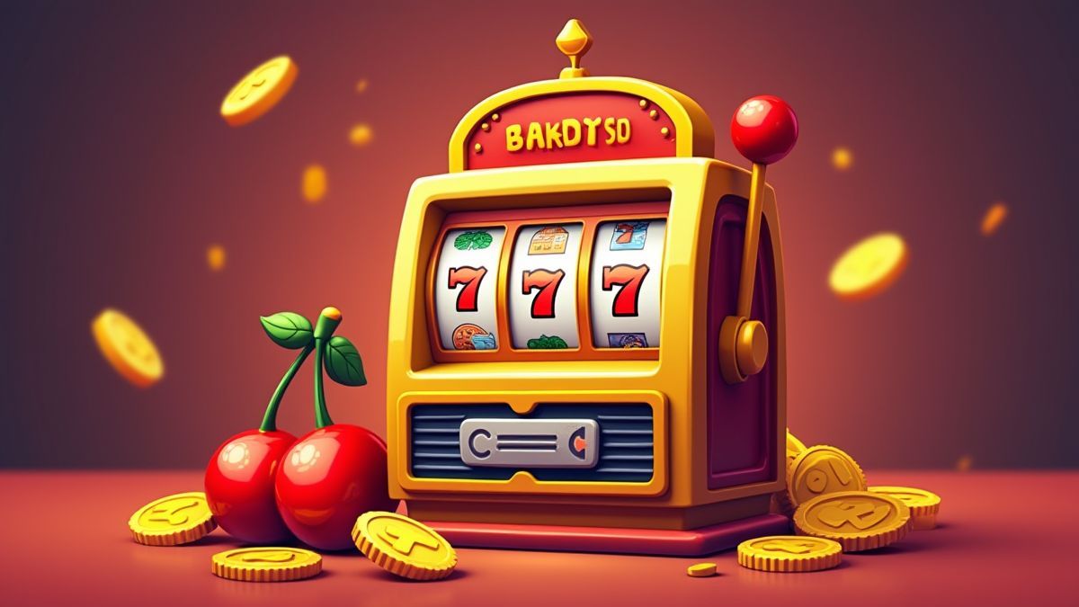 Uma ilustração de uma slot clássica com cerejas e moedas douradas.