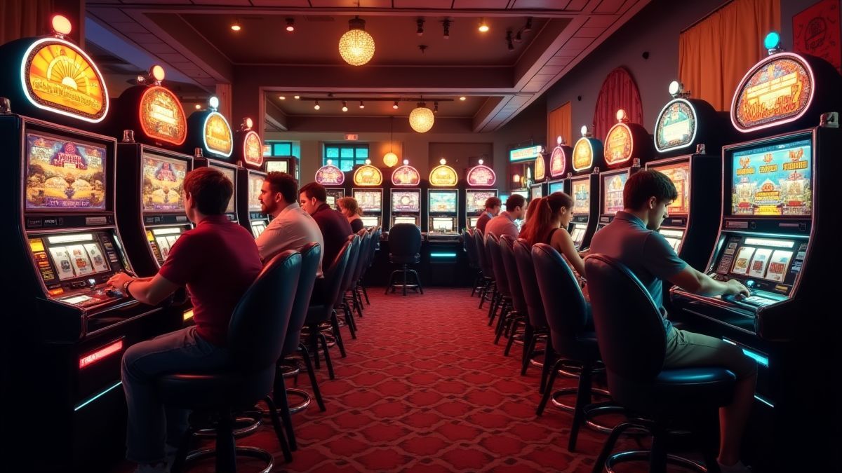 Um cassino retrô onde os jogadores desfrutam de máquinas clássicas.